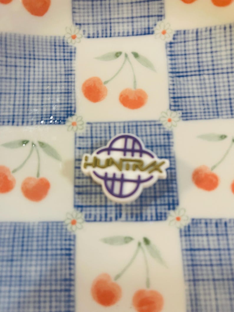 Pu&ograve; includere: Un piatto di ceramica bianca con un motivo a quadretti blu e illustrazioni di ciliegie. Il piatto ha un piccolo logo bianco e viola con la scritta "HUNTRA". Le ciliegie sono rosse con steli e foglie verdi.