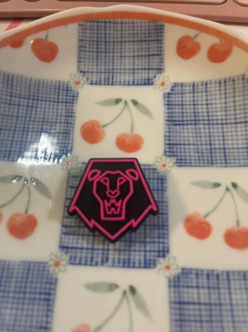 Pu&ograve; includere: Spilla a forma di leone nera e rosa su un piatto a scacchi bianco e blu con disegni di ciliegie e fiori. Il piatto ha un bordo arancione.