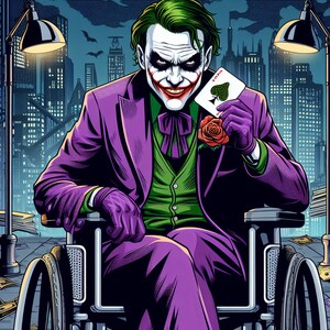 Op de afbeelding: Een paars en groen Joker-kostuum met een groene pruik en een paars pak. De Joker houdt een speelkaart vast met een schoppen symbool en een rode roos. Hij zit in een rolstoel met zwarte wielen.