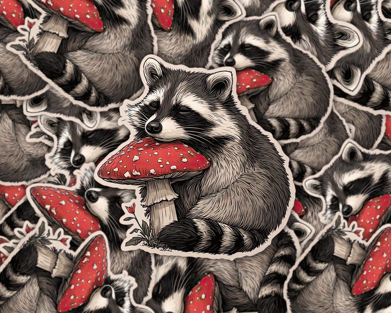 May include: A collection of stickers featuring a raccoon hugging a red mushroom with white spots. The raccoon is black and gray with a striped tail. The mushrooms have a white stem and are surrounded by other raccoon and mushroom stickers.
