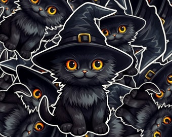 Black Cat Witches Hat Sticker | Spooky Halloween Accessory