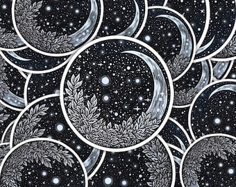 Crescent Moon & Stars Vinyl Sticker: Celestial Laptop Decal