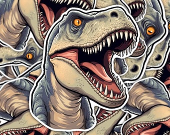 May include: A close-up of a cartoon illustration of a dinosaur's head with an open mouth, showing sharp teeth. The dinosaur has a light grey body with a dark grey neck and a yellow eye. The background is a pattern of the same dinosaur head.