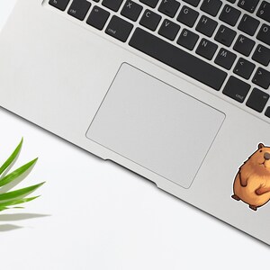 Pode incluir: Um adesivo de capivara de desenho animado marrom e branco em um laptop prateado.