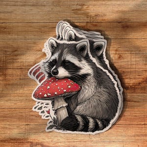 May include: A sticker featuring a detailed illustration of a raccoon hugging a red mushroom with white spots. The raccoon is in shades of gray and black, with a white face and a striped tail. The sticker is on a wooden surface.