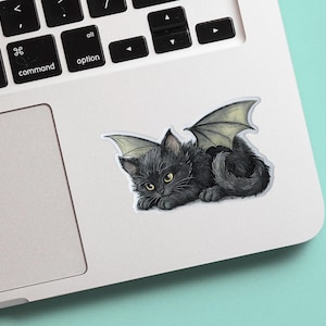 Black Cat Sticker with Bat Wings | Halloween Decal, Gothic Vinyl Sticker, Cute Spooky Decoration for Laptop, Water Bottle, Planner