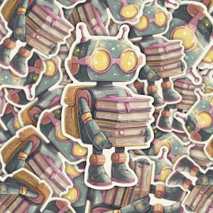 May include: A sticker featuring a cartoon robot with a backpack, holding a stack of books. The robot has a teal head with pink-rimmed yellow glasses. The robot is surrounded by other stickers with a similar design.