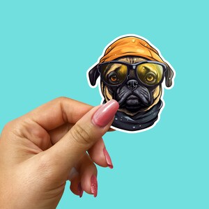Pug sticker, hondensticker, hond met zonnebril, mopshond leven, dierenliefhebber, cadeau-ideeën