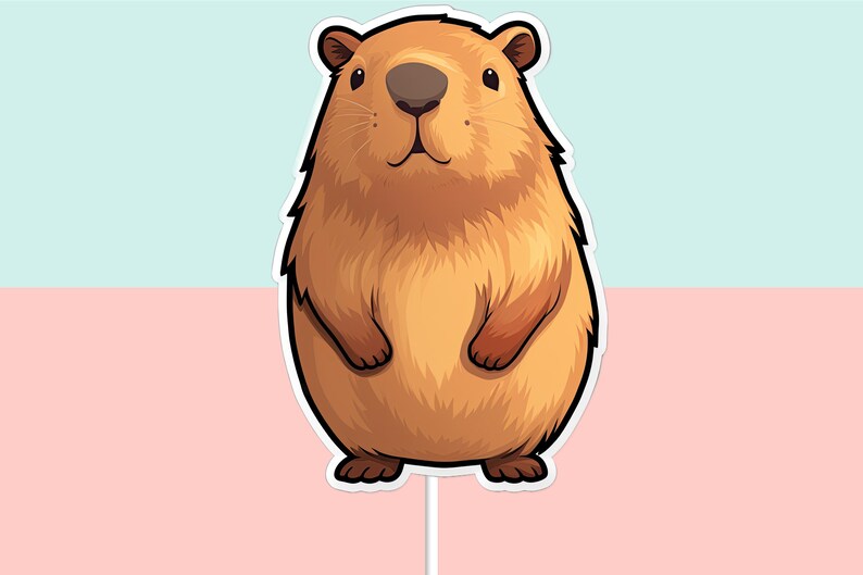 Pode incluir: Uma ilustra&ccedil;&atilde;o de desenho animado de uma marmota marrom em p&eacute; sobre suas patas traseiras com suas patas na frente dela. A marmota tem um contorno branco e est&aacute; sobre um fundo azul claro e rosa.