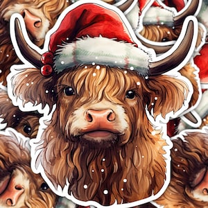 Highland Kuh, Weihnachtsaufkleber, Feiertagsaufkleber, Highland Cow Nikolausmütze