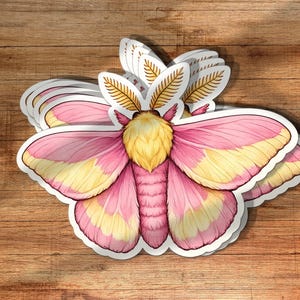 May include: A stack of die-cut stickers featuring a rosy maple moth illustration. The moth has a fuzzy yellow body, pink and yellow wings, and feathery yellow antennae. The design is symmetrical with a white border around the edges of the moth.