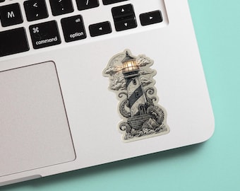 Adesivo Farol Kraken | Decalque Náutico de Monstro Marinho para Garrafas de Água, Laptops e Cadernos, Vinil Impermeável