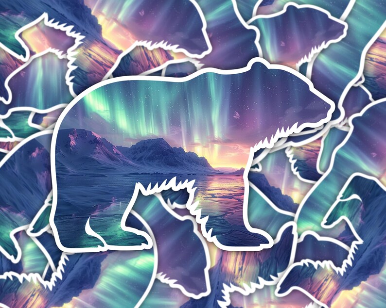 May include: A white-outlined bear sticker with a landscape of mountains, water, and an aurora borealis sky in shades of purple, blue, green, and orange. The sticker has a white border and a repeating pattern.