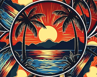 Könnte beinhalten: Ein runder Aufkleber mit einer Sonnenuntergangsszene mit zwei Palmen, einer großen orangen Sonne und einem blauen Meer. Der Hintergrund ist ein Farbverlauf von Rot, Orange und Gelb.