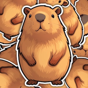 Pode incluir: Um adesivo com uma ilustra&ccedil;&atilde;o de desenho animado de uma capivara marrom com contorno branco. A capivara est&aacute; em p&eacute; com as patas &agrave; frente, olhando diretamente para o espectador.