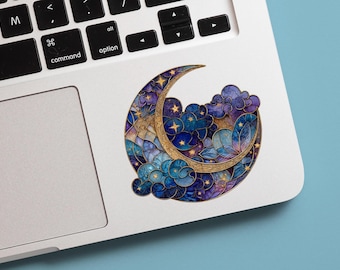 Stained glass moon and stars vinyl sticker: celestial laptop decoration