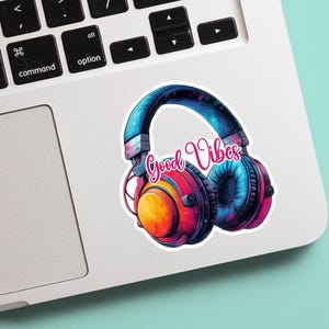 Pegatina de auriculares con acuarela de buenas vibraciones para portátil, bonita pegatina de vinilo para llevar un diario, accesorio estético para planificador, regalo para amantes de la música