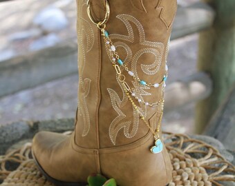 Layered Gold Boot Chain (pair) with Turquoise Heart Charm | Western Handmade Jewelry | Boot Chain Jewelry