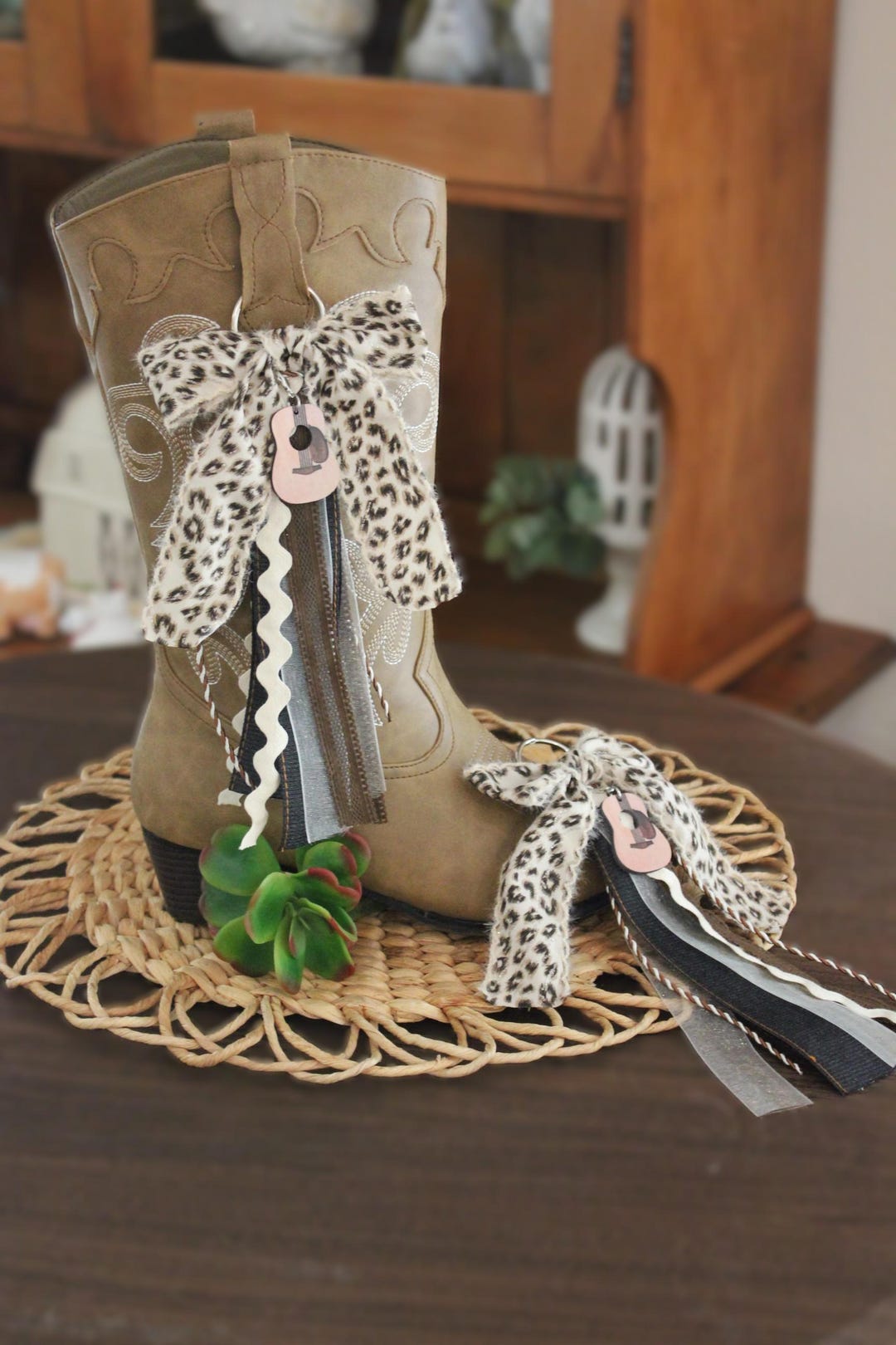 Boot Bows | Leopard-brown-cream Ribbons With Wood Guitar Charm (pair ...