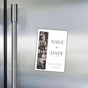 May include: A rectangular magnet with a black and white photo strip and the words "SAVE the DATE" in black. The magnet includes the names "Emily & Ryan" and the wedding date.
