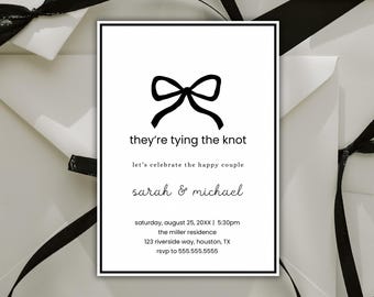 Black and White Bow Engagement Party Invitation: Minimalist Canva Template (Digital Download