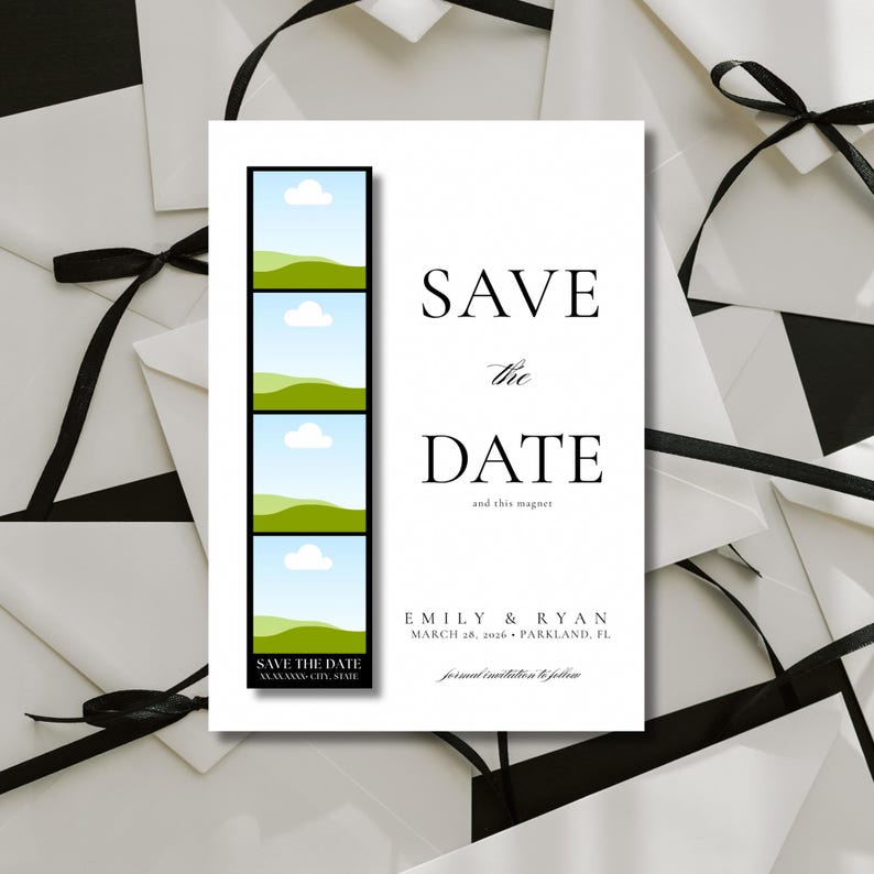 May include: A white 'Save the Date' card with black text and a landscape photo strip. The card reads 'SAVE the DATE' with the names 'EMILY & RYAN' and the date 'MARCH 28, 2026'. Black ribbon and white envelopes are in the background.