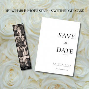 May include: A white "Save the Date" card with black text and a detachable photo strip. The card reads "Save the Date" with the names Emily & Ryan and the date March 18, 2016. The photo strip has four black and white photos.