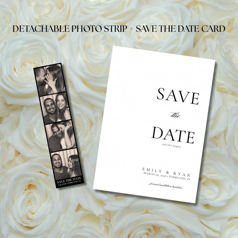 May include: A white "Save the Date" card with black text and a detachable photo strip. The card reads "Save the Date" with the names Emily & Ryan and the date March 18, 2016. The photo strip has four black and white photos.