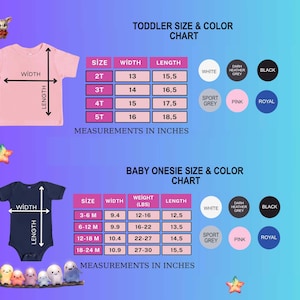 Pode incluir: Uma tabela de tamanhos e cores para camisetas de crian&ccedil;a e bodies de beb&eacute;. A tabela inclui medidas em polegadas para largura e comprimento, bem como peso para bodies. As op&ccedil;&otilde;es de cores incluem branco, cinza mesclado escuro, preto, cinza desportivo, rosa e real.