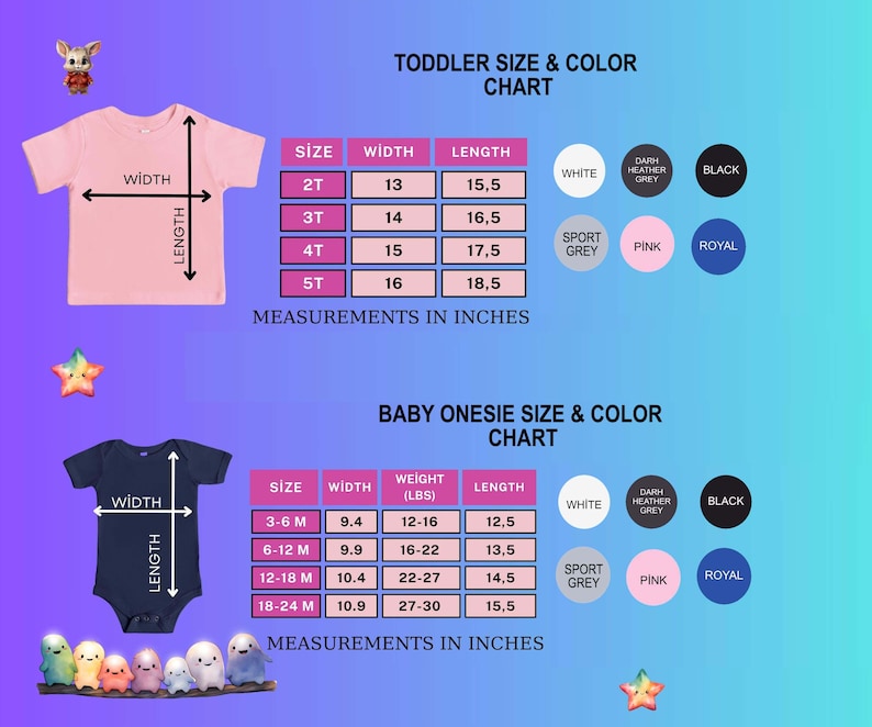 Pode incluir: Uma tabela de tamanhos e cores para camisetas de crian&ccedil;a e bodies de beb&eacute;. A tabela inclui medidas em polegadas para largura e comprimento, bem como peso para bodies. As op&ccedil;&otilde;es de cores incluem branco, cinza mesclado escuro, preto, cinza desportivo, rosa e real.