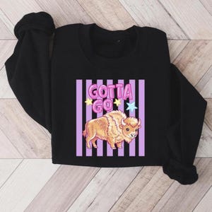 May include: Black sweatshirt featuring a graphic of a bison with the text "GOTTA GO" in pink. The bison is tan and the text is set against a background of pink and white vertical stripes, with yellow stars and a blue star.