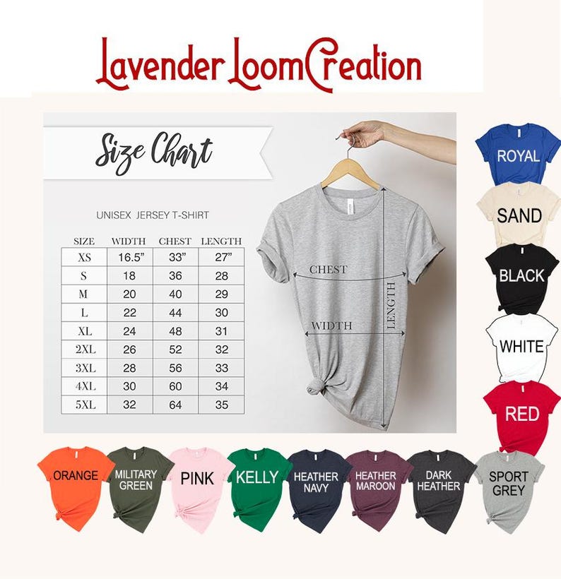 Pode incluir: Uma camiseta unissex cinza em um cabide de madeira, com uma tabela de tamanhos e op&ccedil;&otilde;es de cores. A tabela de tamanhos mostra medidas em polegadas para largura, peito e comprimento. As op&ccedil;&otilde;es de cores incluem royal, areia, preto, branco, vermelho, laranja, verde militar, rosa, kelly, azul marinho mesclado, bord&ocirc; mesclado, mesclado escuro e cinza esportivo.