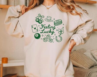 Feeling Lucky Graphic Sweatshirt, St Patricks Day Crewneck, Lucky Charm Clover Sweater, Irish Lucky Vibes Top