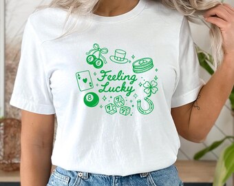 Feeling Lucky Graphic Tee, St Patricks Day Shirt, Lucky Charm Clover T-Shirt, Irish Lucky Vibes Top