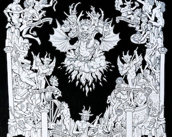 Puede incluir: Ilustración en blanco y negro de un demonio con alas y una corona, rodeado de otros demonios. La ilustración está sobre un fondo de tela negro.