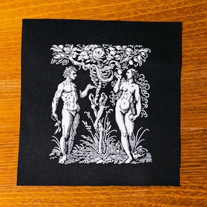 Original sin. Adam and Eve and the Tree of Knowledge as a skeleton with a snake. Medieval woodcut. Screen printed patch.