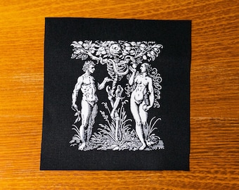 Original sin. Adam and Eve and the Tree of Knowledge as a skeleton with a snake. Medieval woodcut. Screen printed patch.