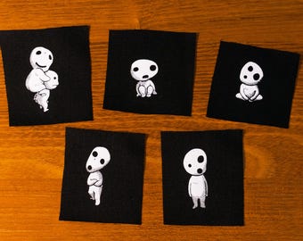 Princesse Mononoké, Esprits de la forêt de Kodama. Gravure sur bois inspirée de Ghibli. Patch sérigraphié.