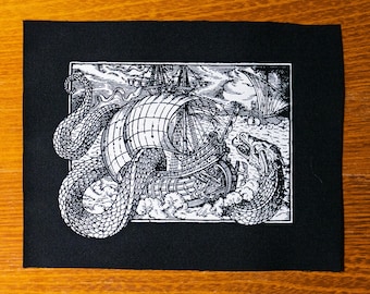Seemonster. Sea serpent attacking a sailing ship. Medieval illustration. Screen printed black cotton patch.