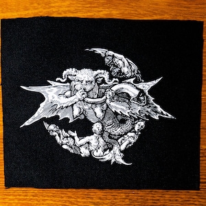 Harrowing of Hell after Albrecht Dürer. Demon blowing his horn in front of a burning hellmoon. Screen printed patch.