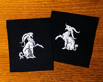 Two male horned goats. Almighty Baphomet. Medieval woodcut. Screen printed patch.