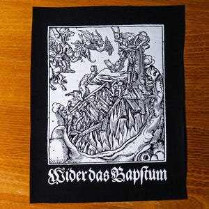 Against the Papacy. After Martin Luther. Medieval manuscript. Screen printed black cotton patch.