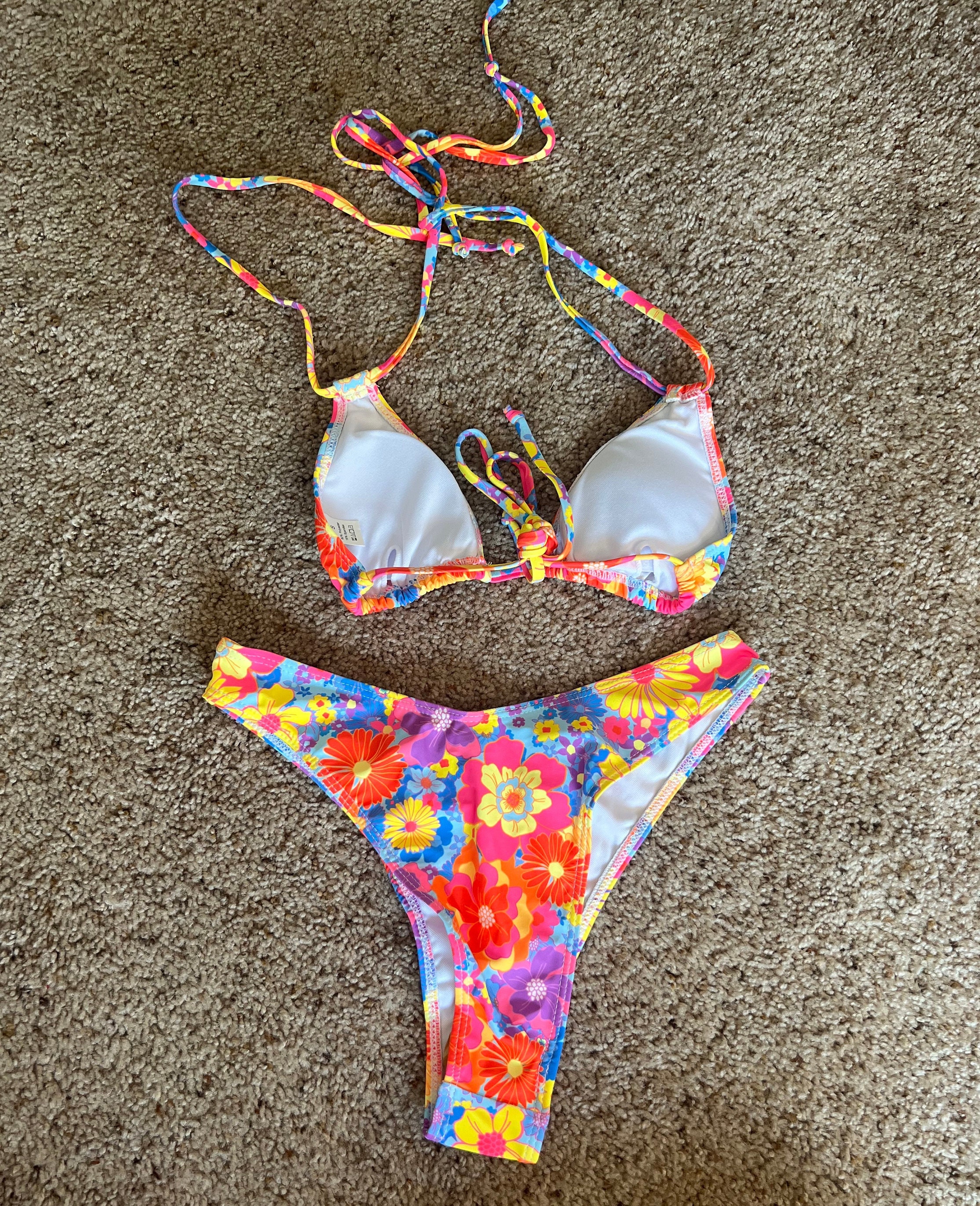Floral Halter Two-Piece Thong Bikini Set – Sleeveless Low Waist Swimsuit