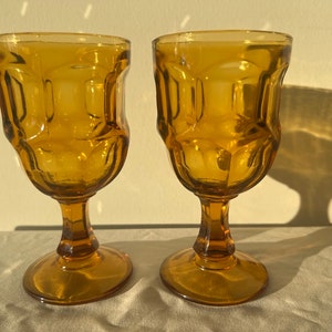 Vintage Anchor Hocking Fairfield Amber Honey Glass Goblets - Set of 2