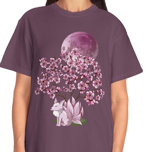 Kitsune Sakura Moon Cherry Blossom Nine Tail Fox Comfort Colors 100% Cotton Relaxed Fit Feminine Design T-shirt, White, Black or Berry,