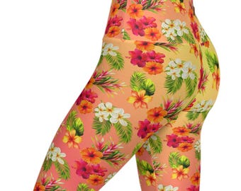 Leggings de yoga de talle alto con estampado floral tropical, estilo veraniego.
