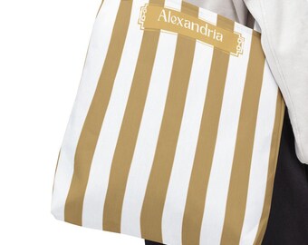Personalized Tan Stripe Tote Bag, Striped Beach Bag