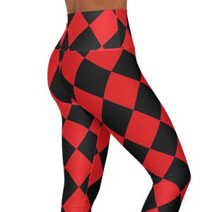 Candy Apple Red and Black Harlequin Diamonds High Waisted Yoga Leggings, Fun Fashion or Costume Piece, 20 Color Options