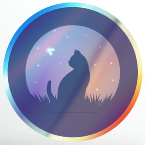 Nocturnal Moon Kitty Firefly sticker, regenboog holografische gestanste stickers, 5 maten, versieren laptops, tijdschriften, bekers, mappen,
