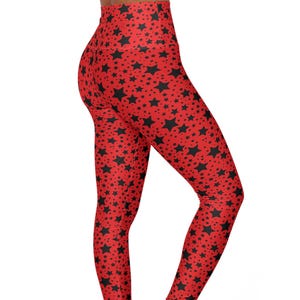 Candy Apple Red and Black Stars High Waisted Yoga Leggings, Fun Fashion or Costume Piece
